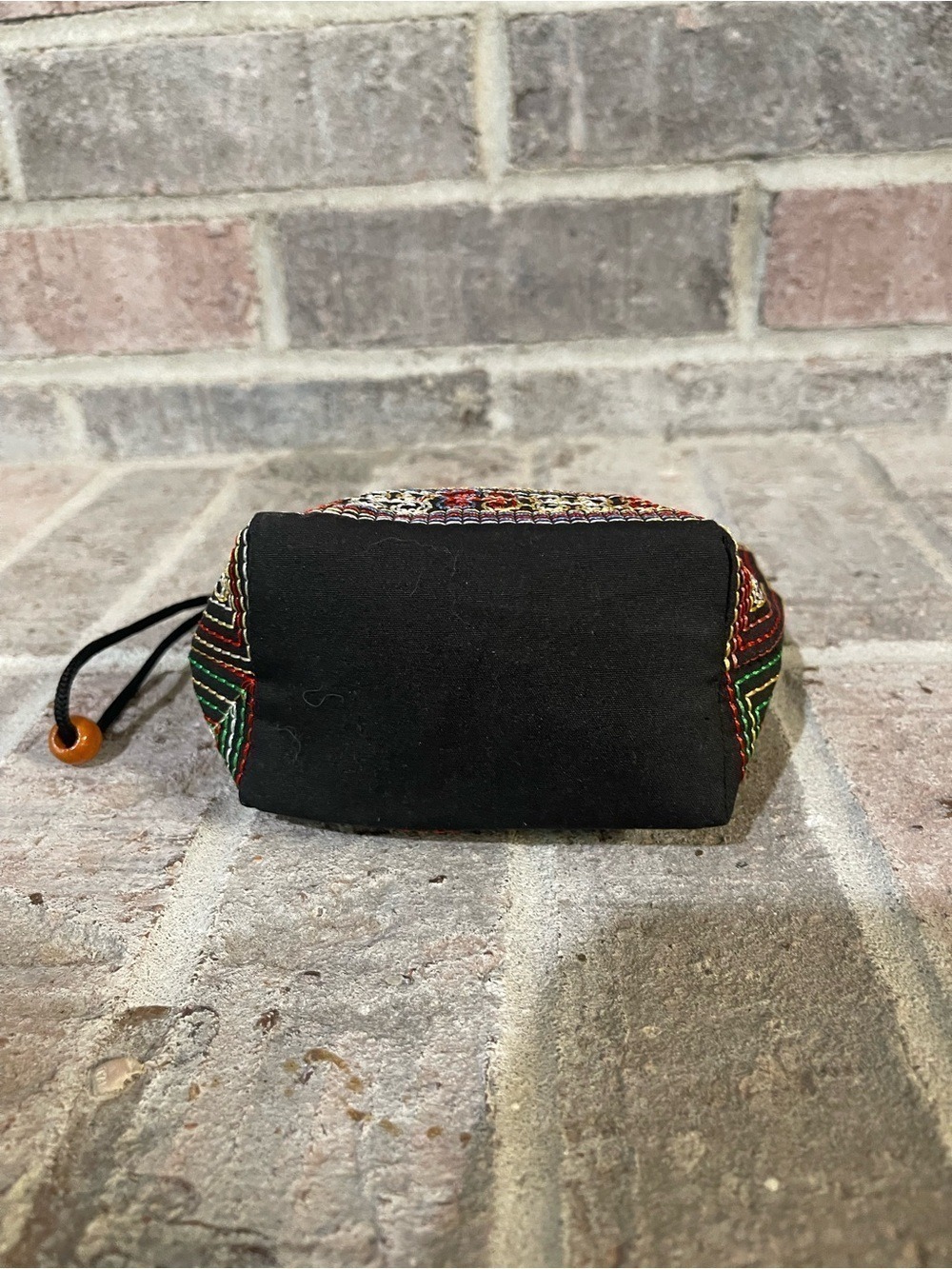 Hand-Embroidered Black Cosmetic Pouch with Green & Red Accents - Picture 8 of 9